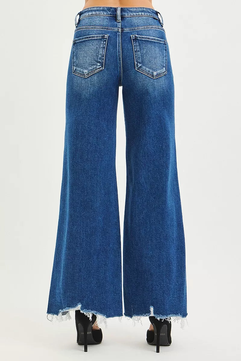 RISEN high rise wide leg blue denim jeans with frayed hem