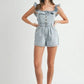 MABLE Off Shoulder Ruffle Detail Denim Romper Rompers