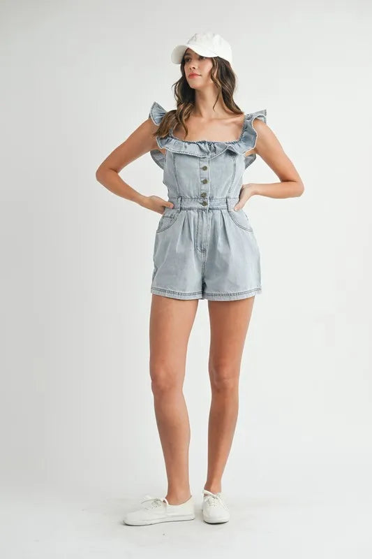 MABLE Off Shoulder Ruffle Detail Denim Romper Rompers