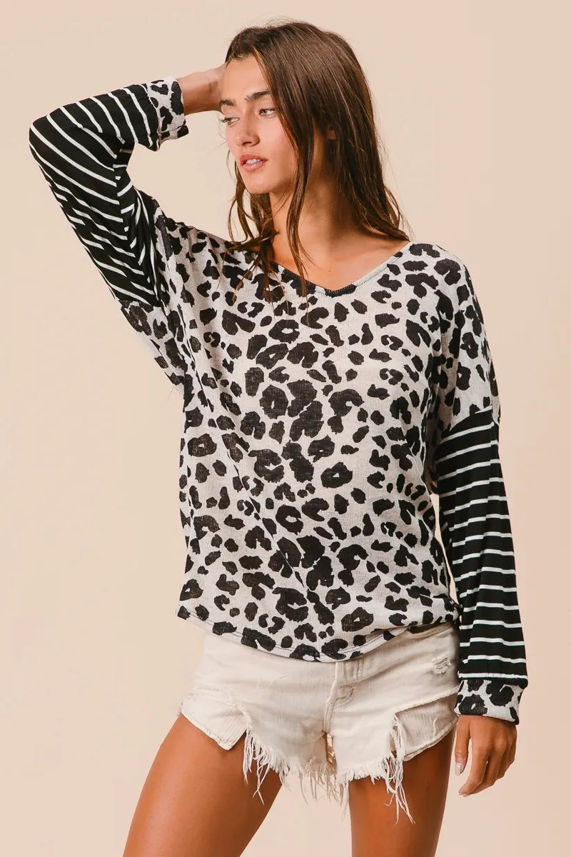 BiBi Leopard Hacci Knit Twist Back Top With Stripe Sleeve Tops