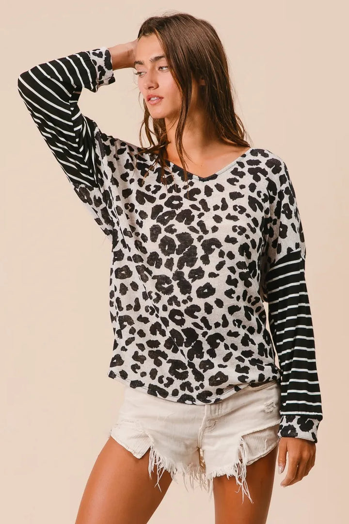 BiBi Leopard Hacci Knit Twist Back Top With Stripe Sleeve Tops
