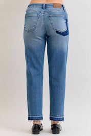 Judy Blue Full Size Mid Rise Bf Patch & Repair Destroy Release Hem Jeans Plus Size | Jeans Daverri Fashions