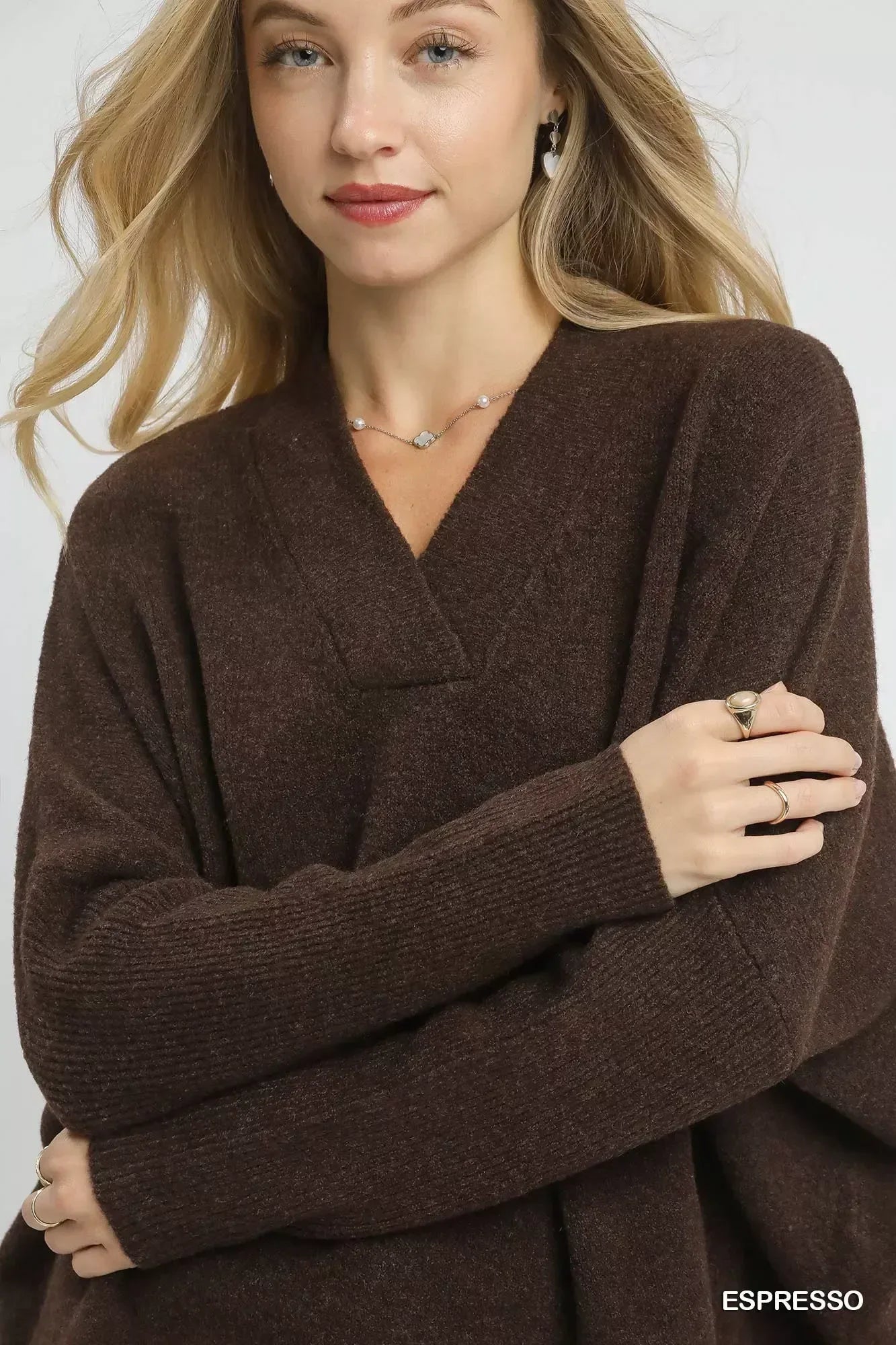 Umgee V-Neck Sweater with Wide Trim Detail - DAVERRI FASHIONS