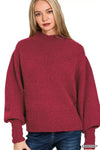 Zenana Cabernet Balloon Sleeve Mock Neck Sweater - DAVERRI FASHIONS