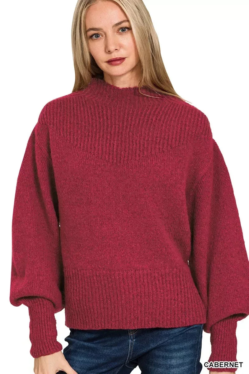 Zenana Cabernet Balloon Sleeve Mock Neck Sweater - DAVERRI FASHIONS