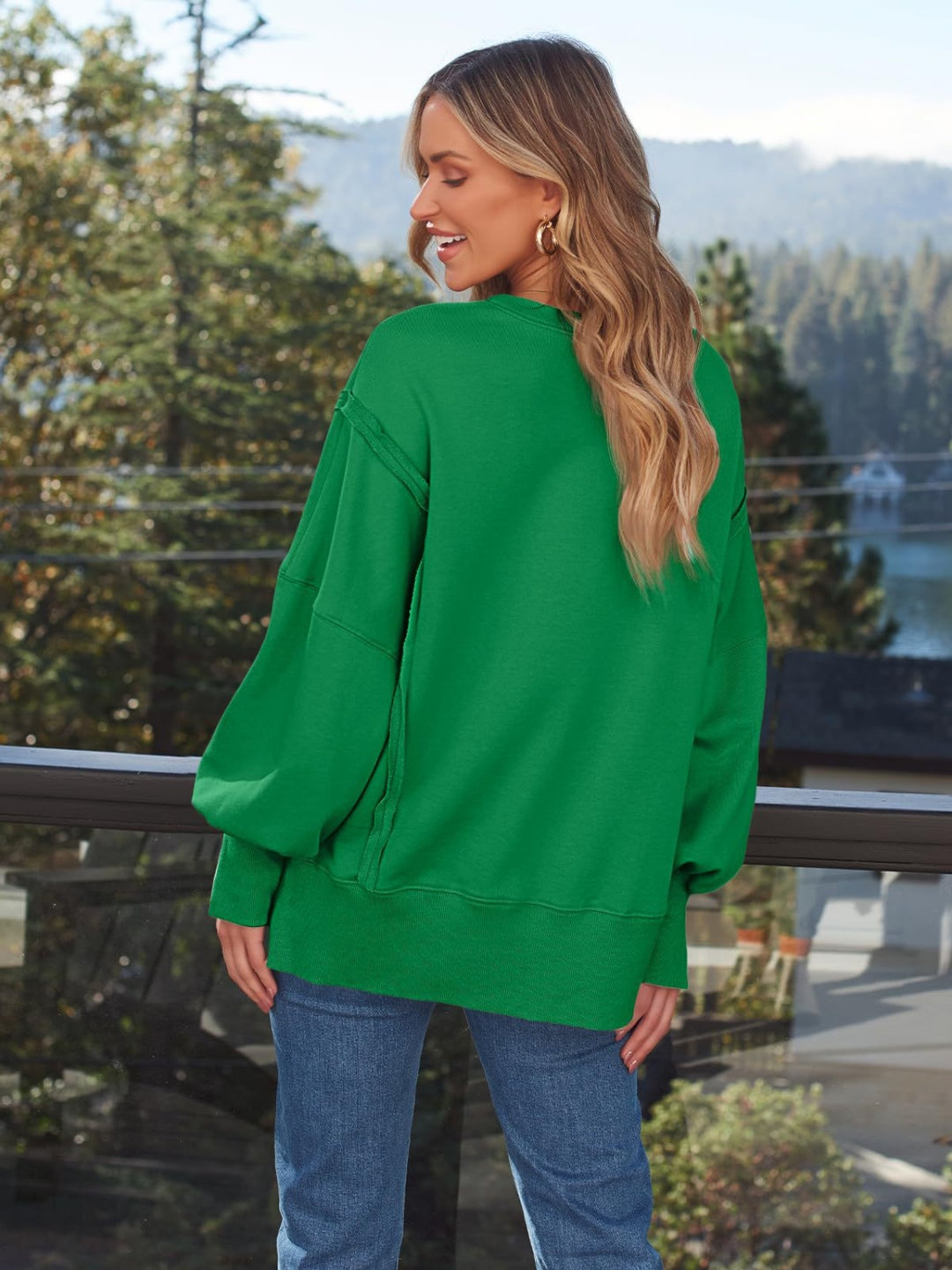 Slit Round Neck Long Sleeve Sweatshirt Tops