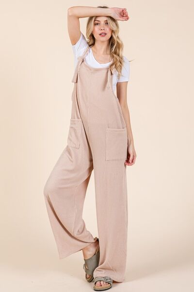 BOMBOM Wide Leg Ribbed Overalls with Pockets Overalls