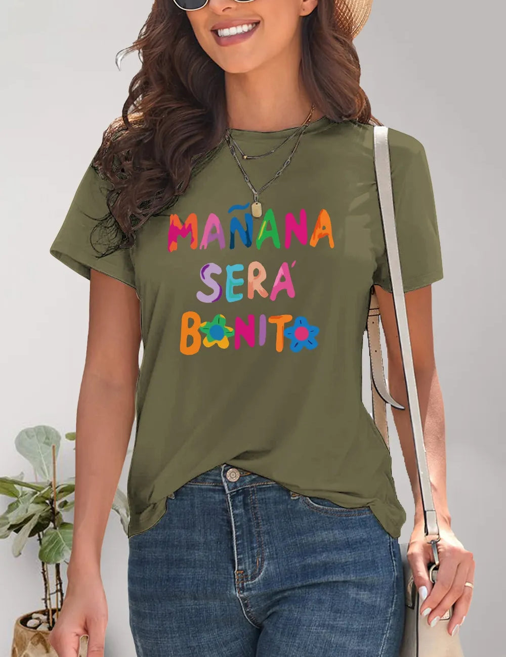 Olive green letter graphic round neck short sleeve t-shirt with lace-up detail