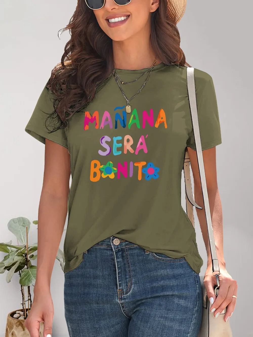 Olive green letter graphic round neck short sleeve t-shirt with lace-up detail