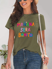 Olive green letter graphic round neck short sleeve t-shirt with lace-up detail