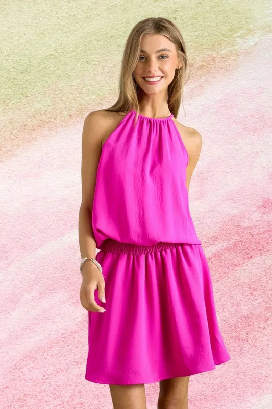ADORA Halter Neck Smocking Waist Dress HOT PINK