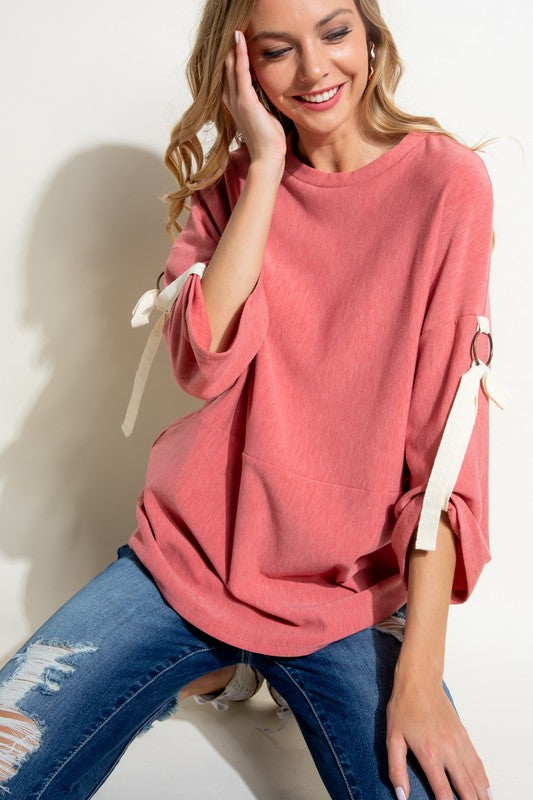 Brushed Terry Roll Up 3/4 Sleeve Top Tops