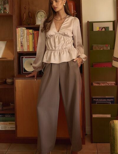 Mittoshop Inverted Pleat Detail Wide Leg Pants Mocha Mocha Pants