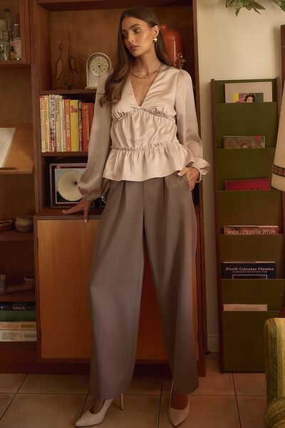 Mittoshop Inverted Pleat Detail Wide Leg Pants Mocha Mocha Pants