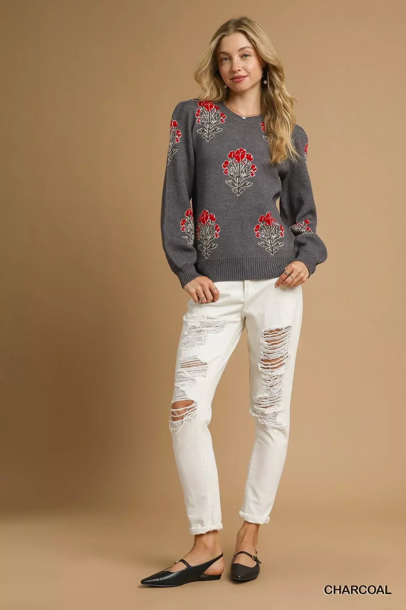 Umgee Single Flower Stem Jacquard Sweater - DAVERRI FASHIONS