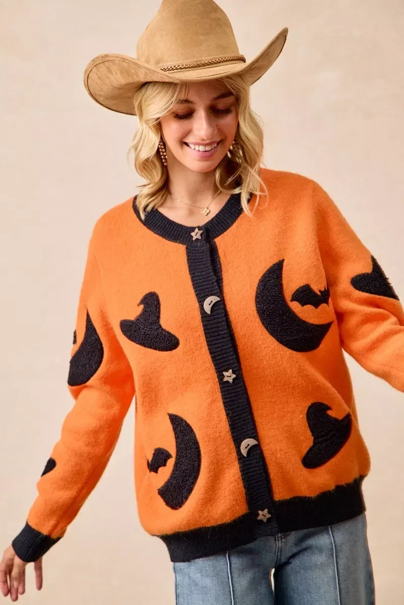 BiBi Halloween Witch Hat Moon Bat Artwork Cardigan - DAVERRI FASHIONS