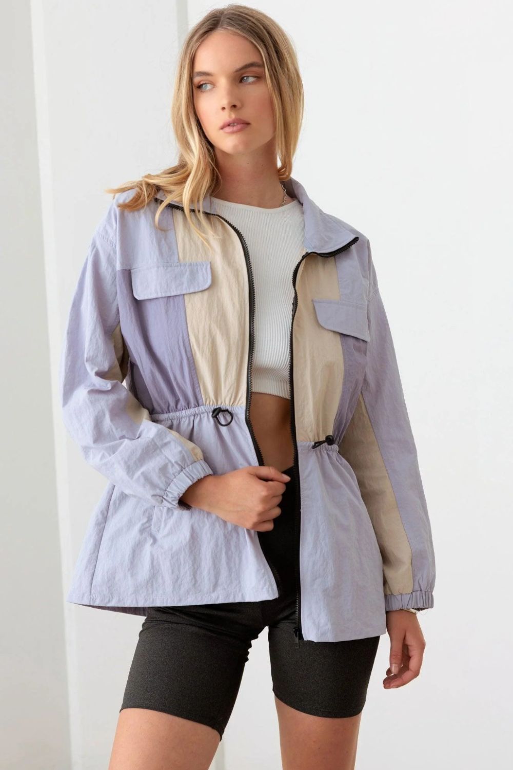 Color Block Collared Windbreaker Jacket Lavender Cream Tops