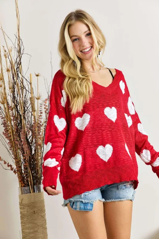 ADORA Plus Size Heart V-Neck Knit Top | Sweaters Daverri Fashions
