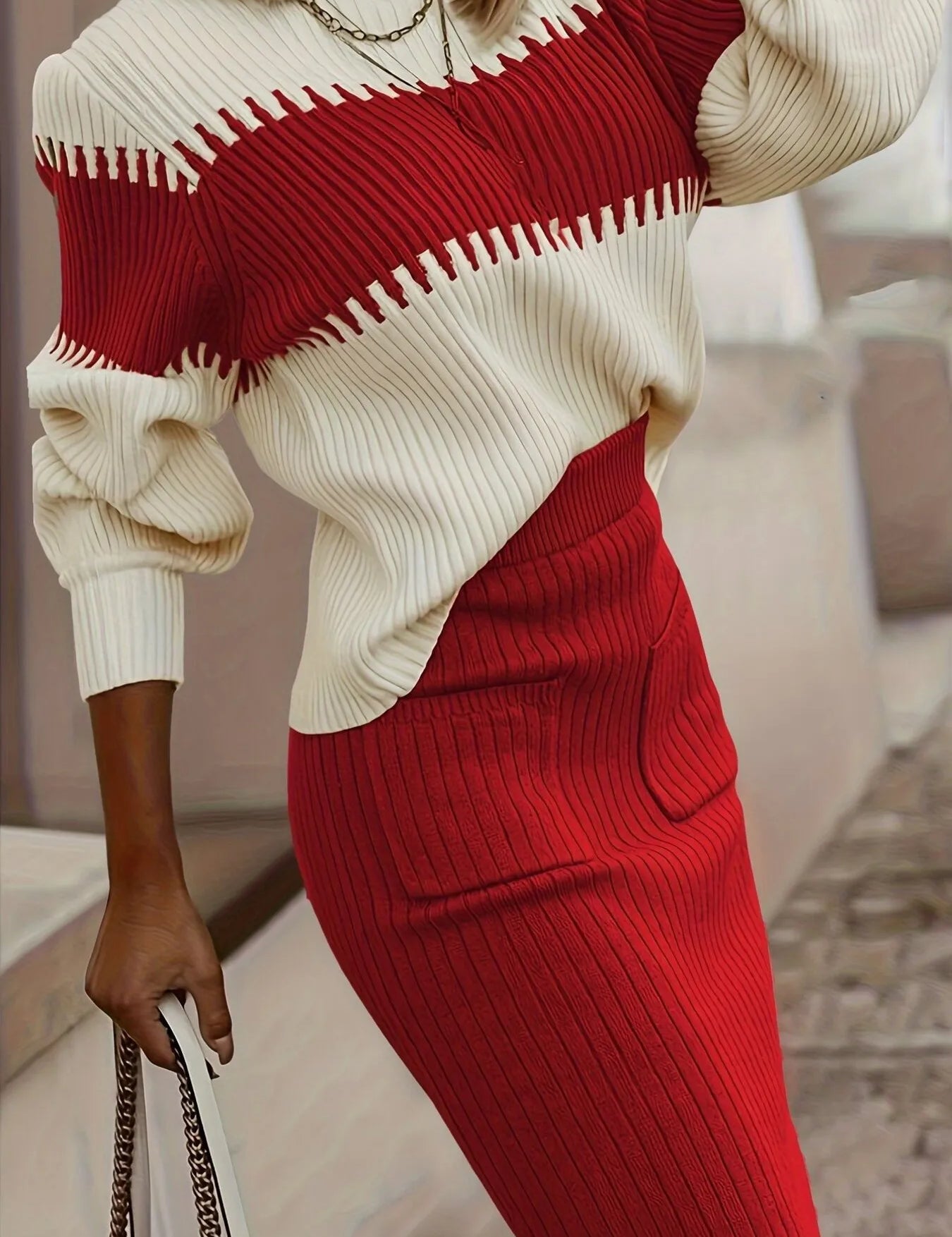 Red Two-Tone Ribbed Knit Top and Skirt Sweater Set | Outfit Sets Daverri Fashions