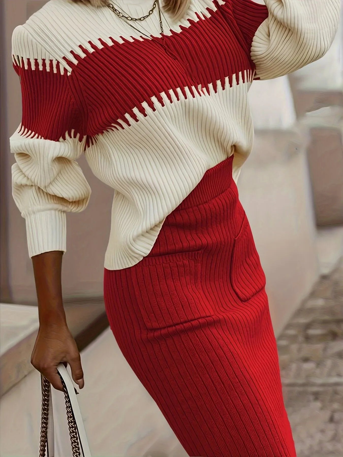 Red Two-Tone Ribbed Knit Top and Skirt Sweater Set | Outfit Sets Daverri Fashions