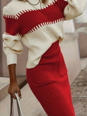 Red Two-Tone Ribbed Knit Top and Skirt Sweater Set | Outfit Sets Daverri Fashions