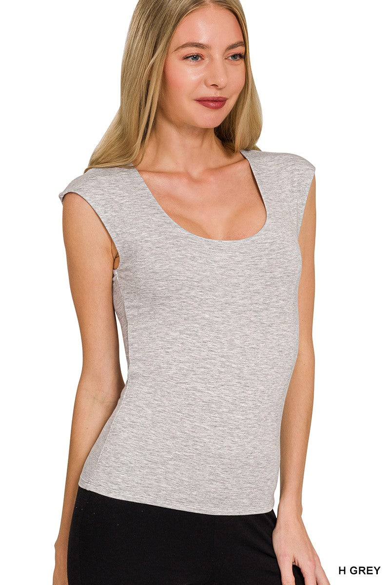 Zenana double layered sleeveless top in soft heather gray with scoop neckline