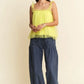 Bright yellow Davi & Dani shirred ruffle strap tulle babydoll top