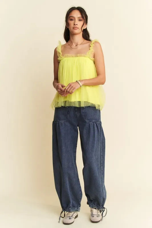 Bright yellow Davi & Dani shirred ruffle strap tulle babydoll top