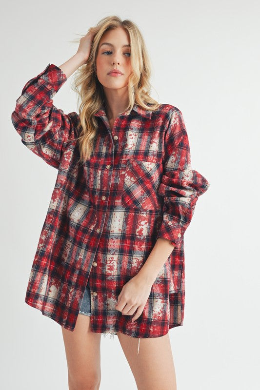 Aemi + Co Washed Plaid Button Up Raglan Sleeve Flannel Shirt