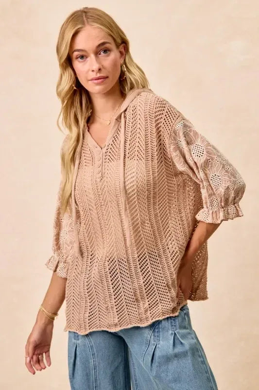 BiBi Jacquard Flower Puff Sleeve Hooded Knit Top - DAVERRI FASHIONS