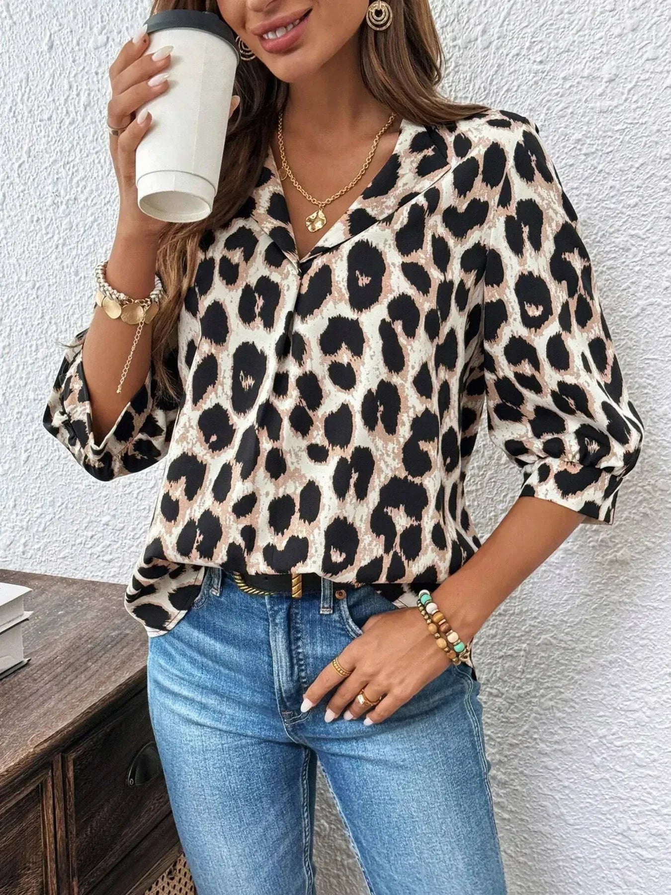 Leopard Print 3/4 Sleeve Blouse - DAVERRI FASHIONS