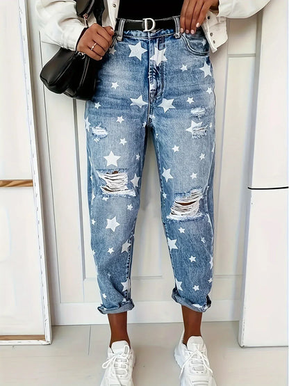 Star Print Distressed High Waist Boyfriend Jeans - DAVERRI FASHIONS