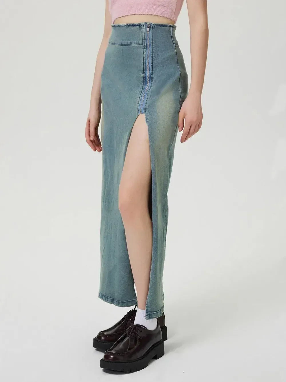 Slit Denim Skirt with Zip - DAVERRI FASHIONS