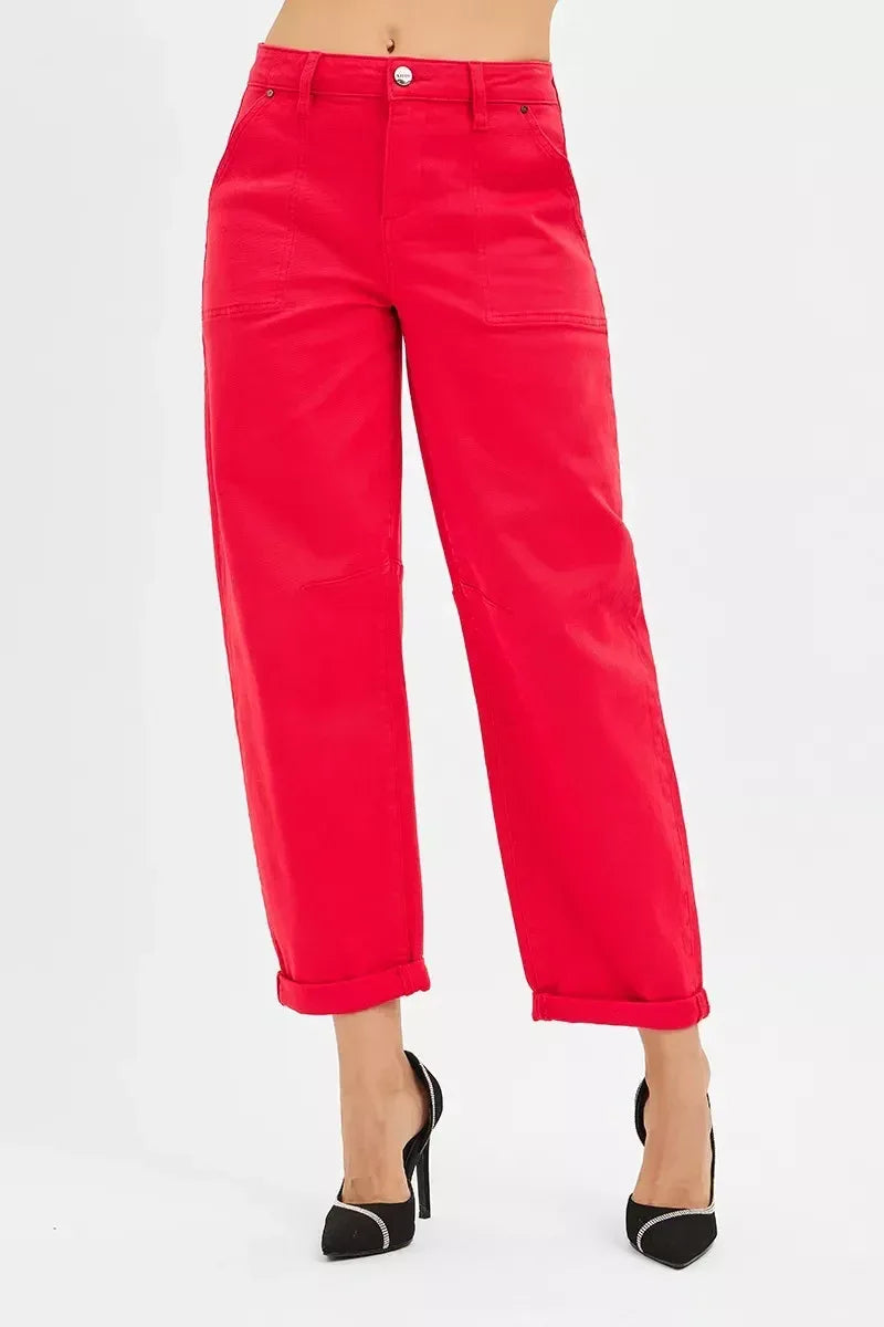 RISEN High Rise Ankle Cuffed Barrel Pants - DAVERRI FASHIONS