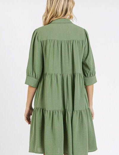 Mittoshop Button Detail Collared Neck Tiered Shirt Dress