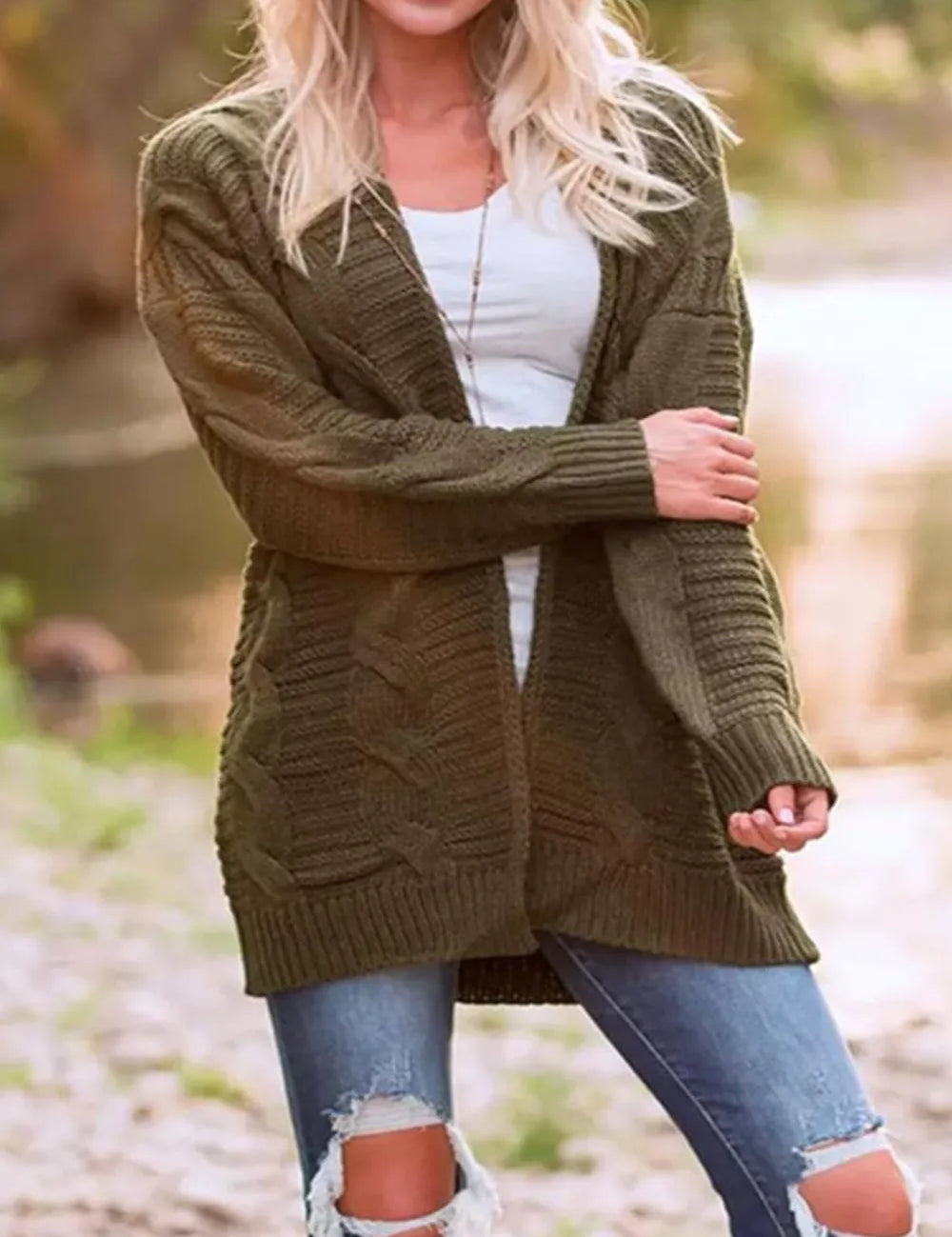 Army Green Cable-Knit Open Front Long Sleeve Cardigan | Cardigans Daverri Fashions