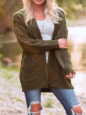 Army Green Cable-Knit Open Front Long Sleeve Cardigan | Cardigans Daverri Fashions