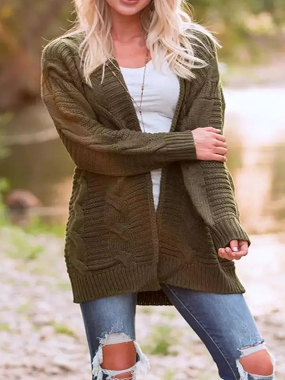 Army Green Cable-Knit Open Front Long Sleeve Cardigan | Cardigans Daverri Fashions