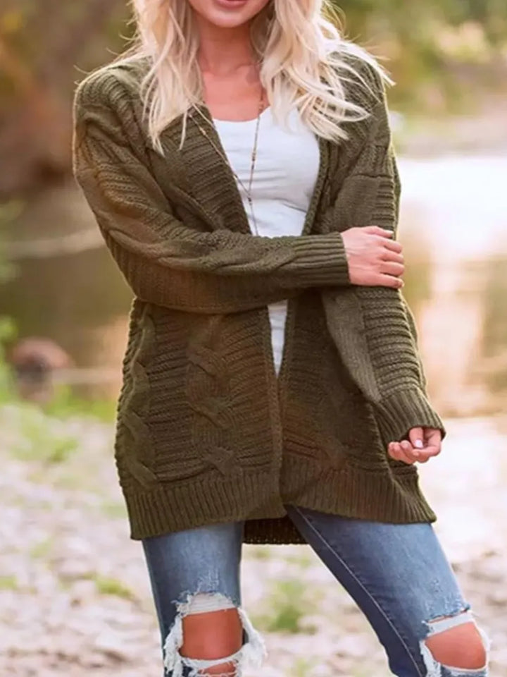 Army Green Cable-Knit Open Front Long Sleeve Cardigan | Cardigans Daverri Fashions
