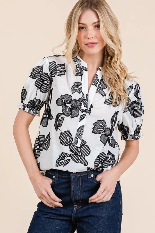 Lime 'N' Chili Embroidered Split Neck Puff Sleeve Blouse