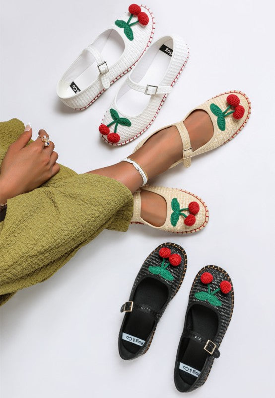 White beige black woven espadrille Mary Jane flats with red cherry accents