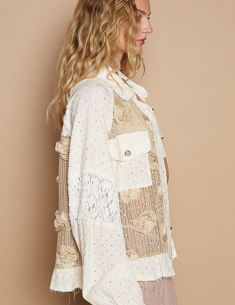 POL Eyelet Flower Pearl Detail Lace Patchwork Shirt