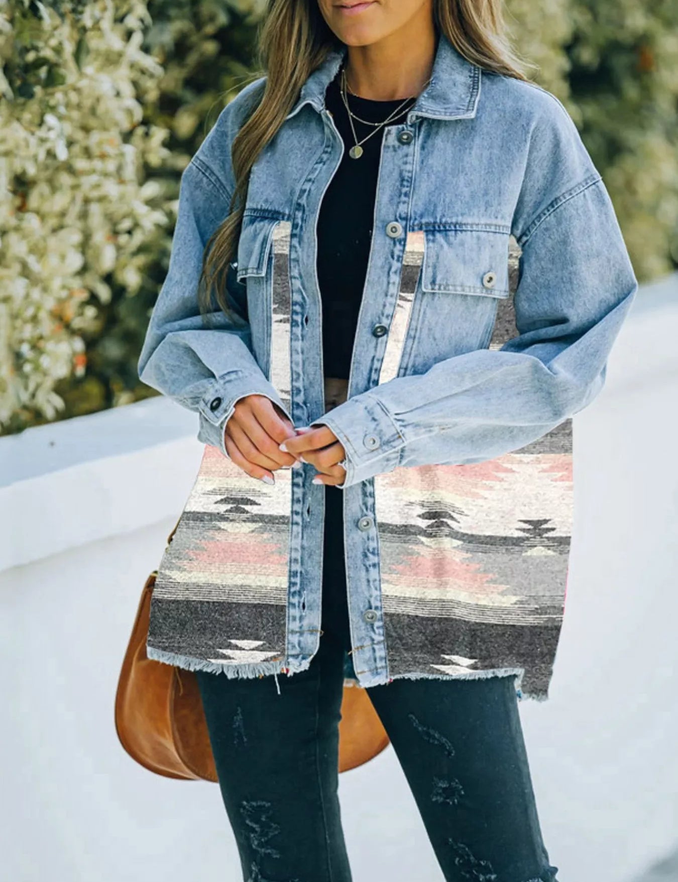 Blush Pink Printed Botton Down Long Sleeve Denim Jacket | Denim Jackets Daverri Fashions