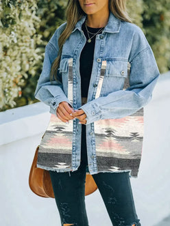 Printed Botton Down Long Sleeve Denim Jacket - DAVERRI FASHIONS