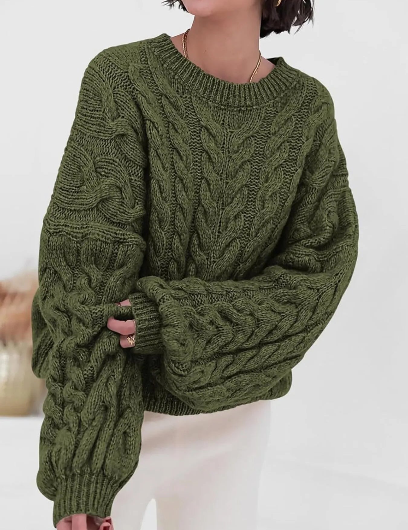 Military Green Cable Knit Long Sleeve Sweater | Sweaters Daverri Fashions