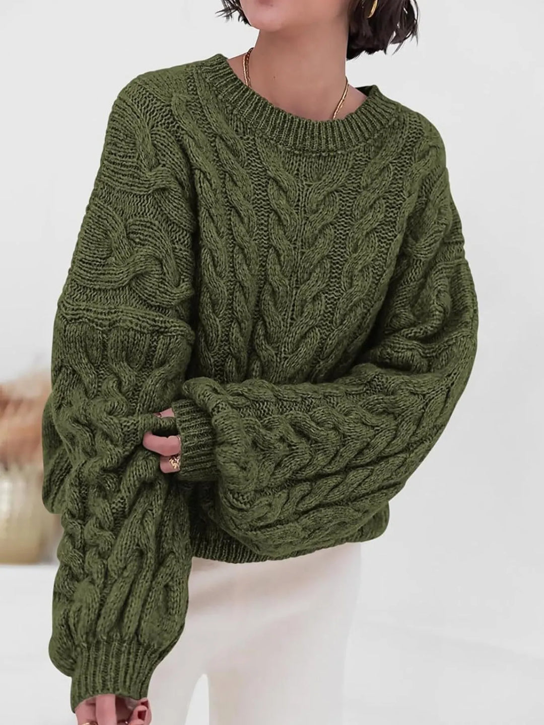 Military Green Cable Knit Long Sleeve Sweater | Sweaters Daverri Fashions