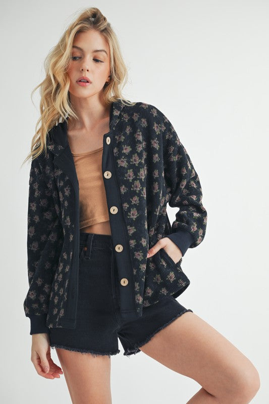 Aemi + Co Floral Button Up Hooded Jacket Black