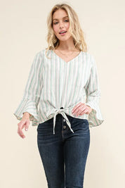 DUSTY MINT And The Why Stripe Tie Knot Front Bell Sleeve Top | Blouses Daverri Fashions