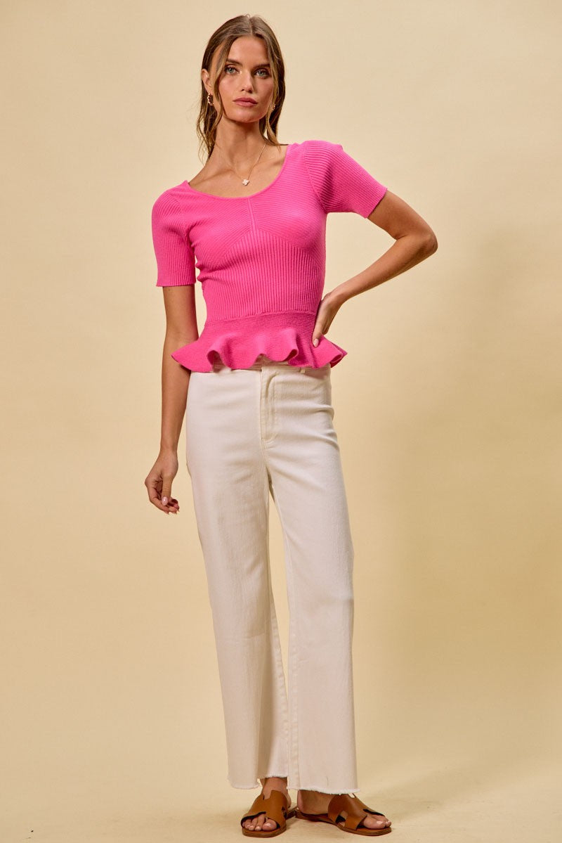 Vibrant pink SO ME ribbed knit short sleeve peplum sweater top