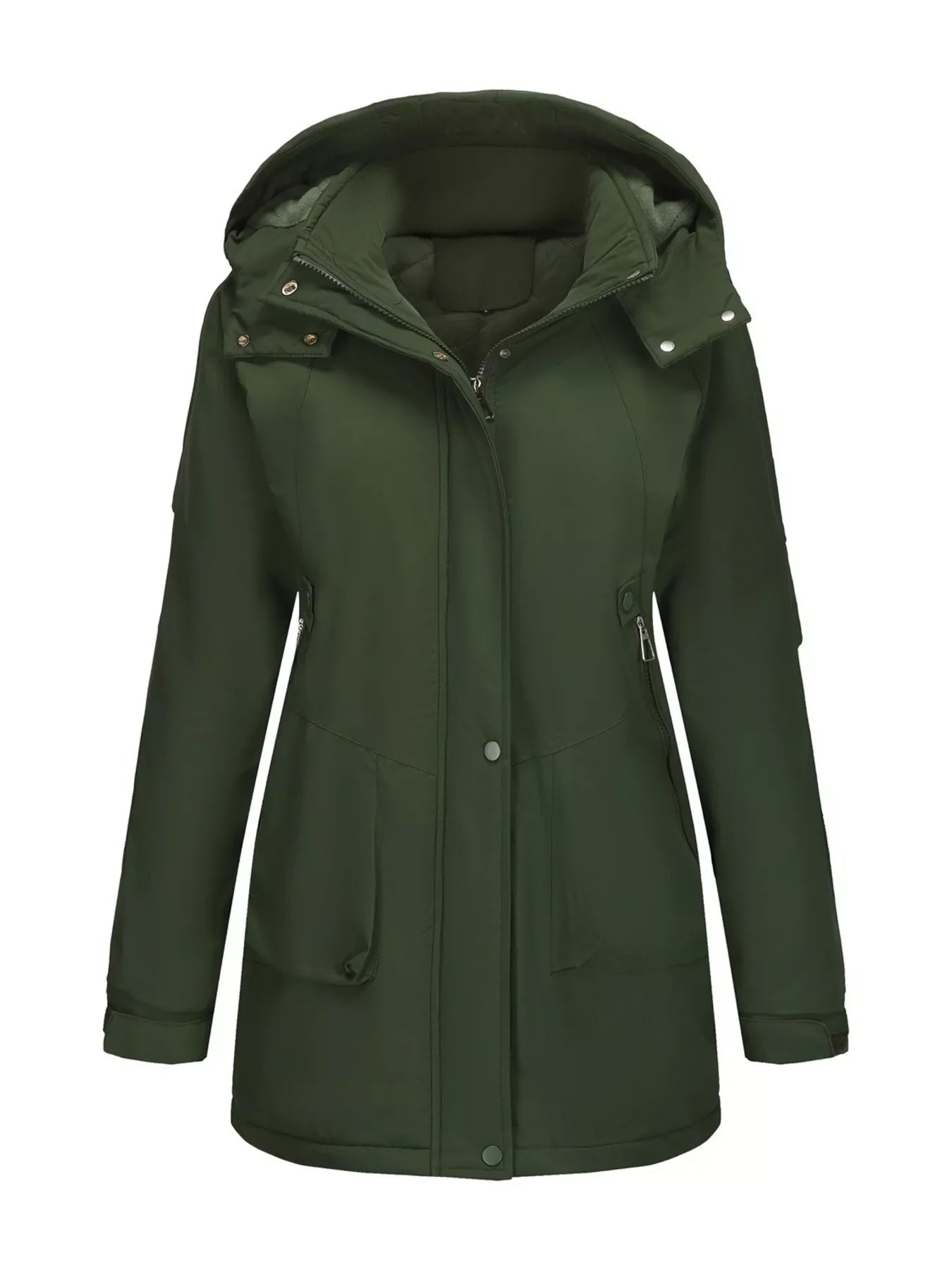 Dark green insulated hooded parka from Daverri Fashions, plus size windproof coat